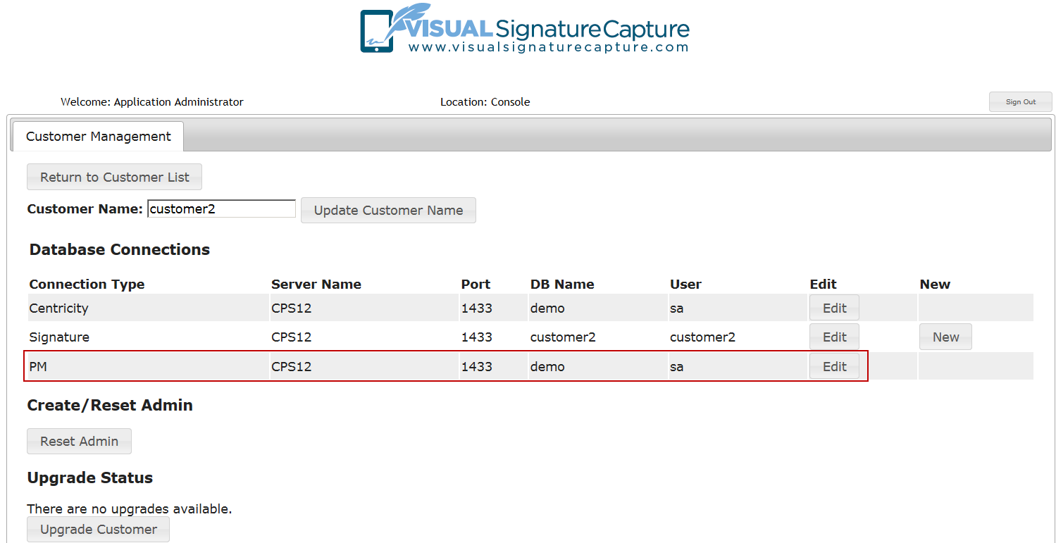 Edit cps pm database connection screen
